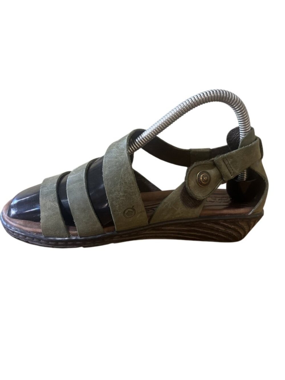 BORN Kates GREEN leather open toe strap sandals wedge heels women Size 7.5